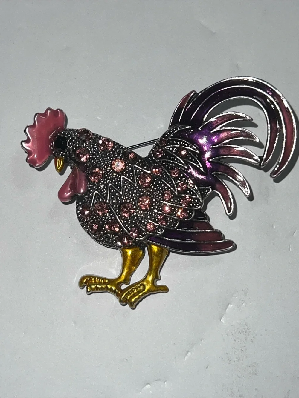 Vintage Embellished Rooster Brooch in Pink and Purple